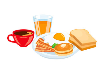 Traditional american breakfast still life icon vector. Full breakfast with egg, bacon, pancakes, toast, coffee and orange juice icon set vector isolated on a white background