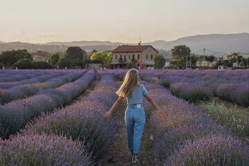 girl in the lavender field at sunset