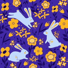 Naklejka na ściany i meble cute bunny pattern on a floral background in blue-yellow colors