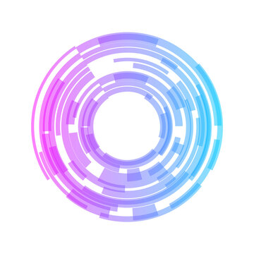 Tech circle background element. Purple blue transparent gradient. White background. Technology and innovation concept. Concentric circles wave ripple effect. Vector illustration, flat, clip art. 