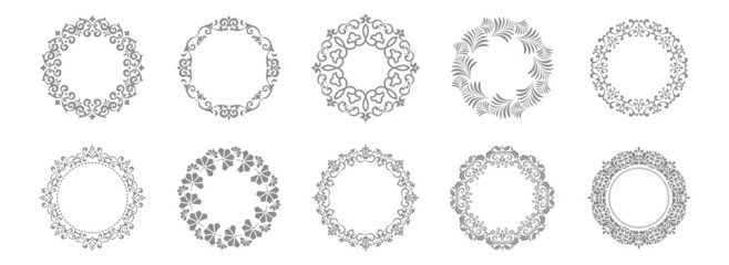 Set of decorative frames Elegant vector element for design in Eastern style, place for text. Floral gray and white borders. Lace illustration for invitations and greeting cards