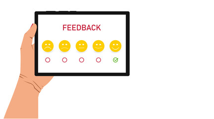 Feedback concept.
He chooses the satisfaction rating and leaves the positive review. Customer service and user experience.