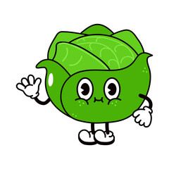 Cute funny cabbage waving hand character. Vector hand drawn traditional cartoon vintage, retro, kawaii character illustration icon. Isolated on white background. Happy cabbage character concept
