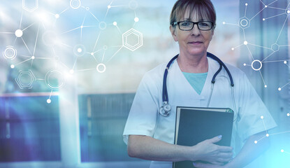 Female doctor holding a medical textbook; light effect