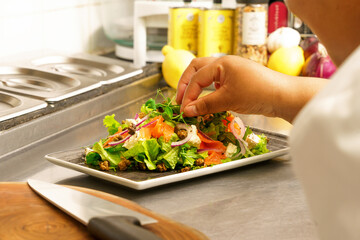 salmon salad plated for serving with garnishings