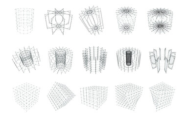 Set of wireframe geometric shapes with connected lines and dots. Collection of 3d objects isolated on white background. Network connection structure. Vector illustration.