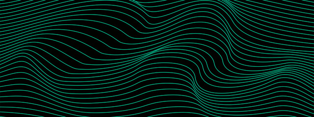 Abstract wavy 3d mesh on a dark background. Geometric dynamic wave. 3D technology wireframe. Vector illustration.
