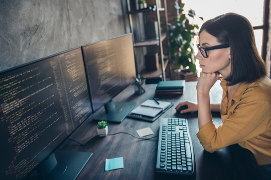 Profile side view portrait of attractive clever smart girl cyber engineer analyzing html css php framework at workplace workstation indoors