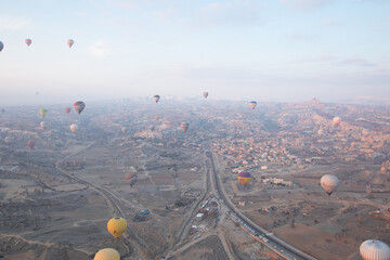 Landscape of Cappadocia with hot air balloons