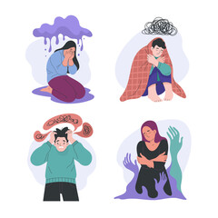 Concepts of depressive and emotionally depressed people states. Flat style vector abstract illustration of diverse young people in grief, sorrow, depression, stress and sadness, Isolated on white