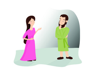Isolated vector illustration. Picture for Sunday school. Joseph and Mary. Children's Bible. Birth of Jesus Christ. Christian bible character. Cute, kind, bright, colorful, print, coloring, picture. 
