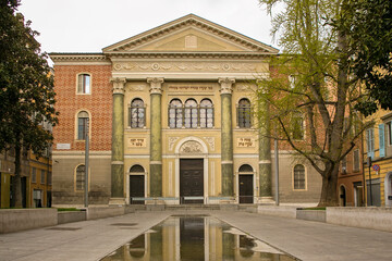 Fototapeta na wymiar Facade of the Israelite temple in Modena, Italy. Built in Lombard style, the synagogue is located in the historic center of the Emilian city.