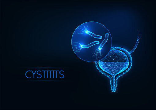 Futuristic urinary tract infection, cystitis concept with glowing low polygonal bladder and bacteria