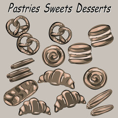 Bakery - various kinds of breadstuff. Bread rolls, baguette, bagel, sweet bun and croissant captured from above. Pictures for wallpaper, for desktop. Vector isolated objects.