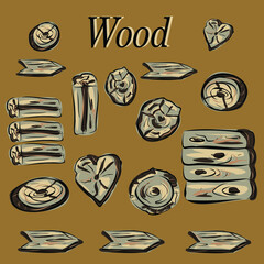 Wood, wooden bars, wood sections, birch, aspen, oak. Pictures for wallpaper, for desktop. Vector isolated objects.