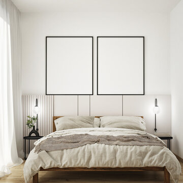 mock up poster frame in modern interior background, Bedroom, Scandinavian style, 3D render, 3D illustration