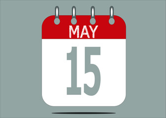 Icon day date 15 May, template calendar page in red and gray for days of the month
