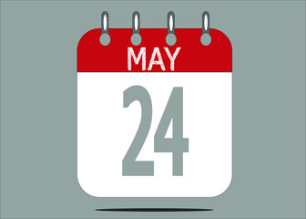 Icon day date 24 May, template calendar page in red and gray for days of the month