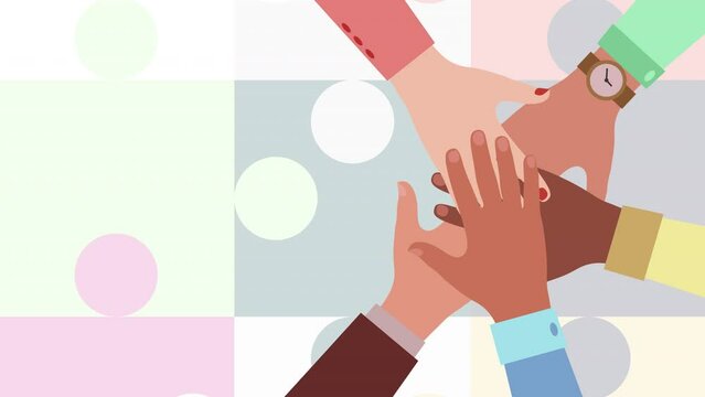 Teamwork concept. Hands of diverse group of people putting together and pieces of jigsaw puzzle connecting on background. Team work business metaphor. 4K video animation.