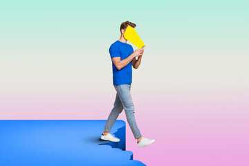 Surreal composition of millennial guy focus use smart device change real life virtual isolated colorful background