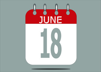 Icon day date 18 June, template calendar page in red and gray for days of the month