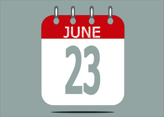 Icon day date 23 June, template calendar page in red and gray for days of the month