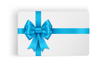 Greeting card with blue bow and ribbons, element for gift, packaging or discount cards.