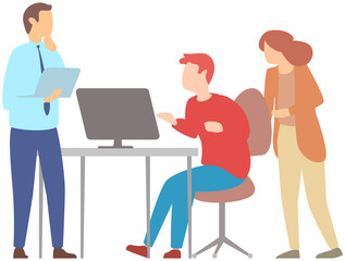 Company staff cooperation, business project planning. Coworkers, business people at workplace. Colleagues discussing, communicating in workstation. Office work, partnership, brainstorming concept