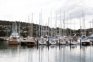 Fototapeta premium Yachts moored on the Derwent river at the Bellerive Yacht Club