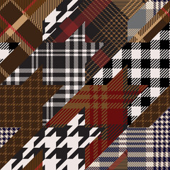 Houndstooth pattern patchwork collage. Tartan plaid, gingham and tattersall fabric swatch blend.