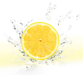 Fresh Lemon fruit falling in the air with splash water isolated on white background, Lemon citrus fruit on white background With clipping path.