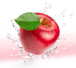 Fresh Red apple falling in the air with splash water isolated on white background, Apple on white...