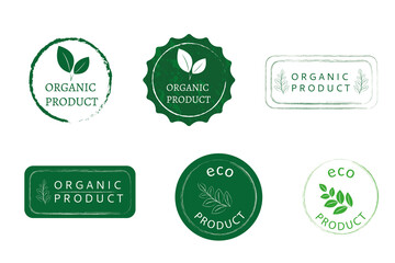 Vector Set of hand drawn logos and emblems of organic food, natural products, advertising badge collection, promotion of organic products, healthy lifestyle. Isolated on white background