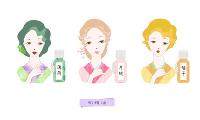 Obraz premium 和精油・柚子・月桃・薄荷・精油・アロマ・日本の精油・和精油を持った着物を着た女性