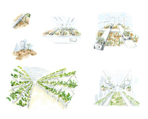 Innovative technologies for agriculture. Watercolor illustration of urban farming. Modern technologies, ai for growing eco plants, smart farm with drone control. Urban landscape for poster, print