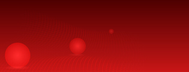 Abstract futuristic background in red colors with curved mesh surface and several spheres