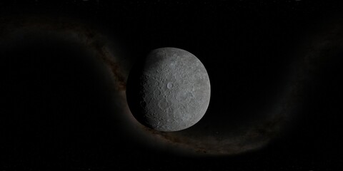 360 degree environment map of an orbital view of the moon in a height of 750 km above the crater Tycho. As background there is a starfield and the milkyway. © MediaArtist