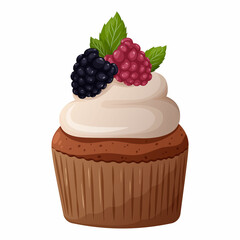 Cupcake with raspberries, blackberries, mint leaves and whipped cream. Vector image of a cake on a transparent background. Elements of confectionery, baking, bakery, sweets for poster, banner, sticker