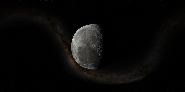360 degree environment map of an orbital view of the moon in a height of 750 km above the crater Posidonius. As background there is a starfield and the milkyway.