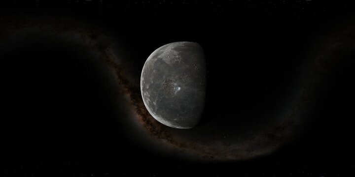 360 degree environment map of an orbital view of the moon in a height of 750 km above the crater Aristarchus. As background there is a starfield and the milkyway.
