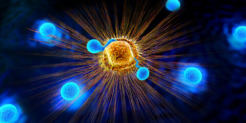 Fototapeta Lymphocytes cell in the immune system reacting and attacking a spreading cancer cell - 3d illustration obraz