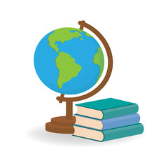 stack of books with globe on white background