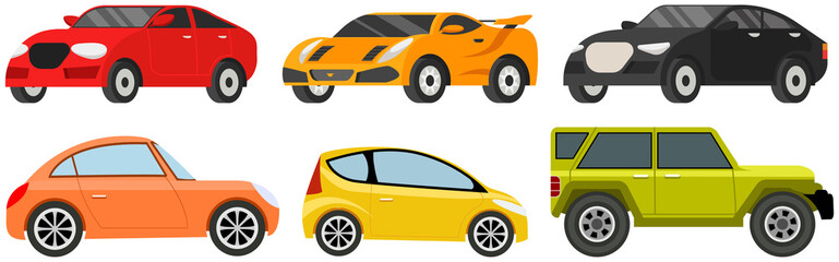 Big automobile set, car sedan. Urban transport. Colorful passenger cars, wheeled vehicle side view. Machines collection with sedan minivan coupe cabriolet crossover cars isolated, automobiles models