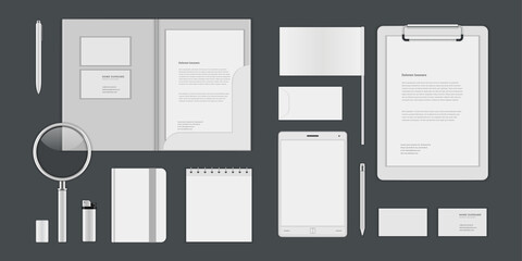 Business corporate identity mock ups template for Logo presentation design elements vector set. Stationery objects business card, blank paper, folder and other.