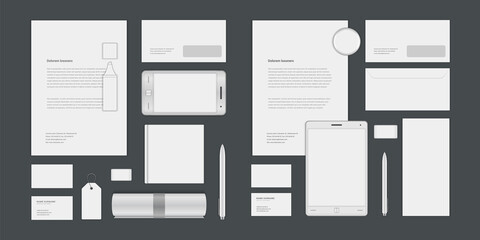 Business corporate identity mock ups template for Logo presentation design elements vector set. Stationery objects business card, blank paper, envelope and other.