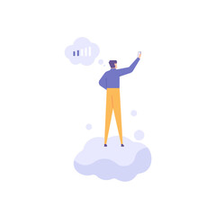 no signal, no internet network, weak signal. illustration of a man riding a cloud to search or to get a signal. problems and technology. flat cartoon. concept design. ui, element, landing page