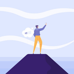 no signal, no internet network, weak signal. illustration of a male climber trying to get a signal at the top. problems and technology. flat cartoon. concept design. ui, element, landing page