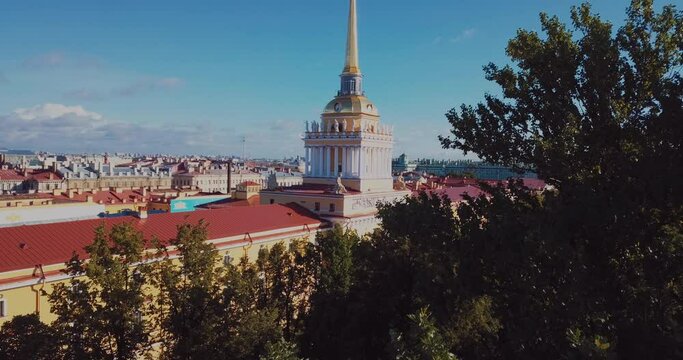 Aerial panorama of the center of St. Petersburg in summer 