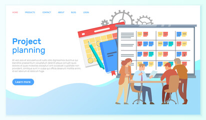 Template of website for project planning, business event. People with schedule organize meeting, create monthly plan. Planning strategy and time management concept. Colleagues discuss work scheduling