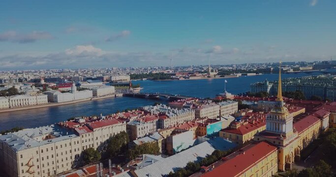 Aerial panorama of the center of St. Petersburg in summer 